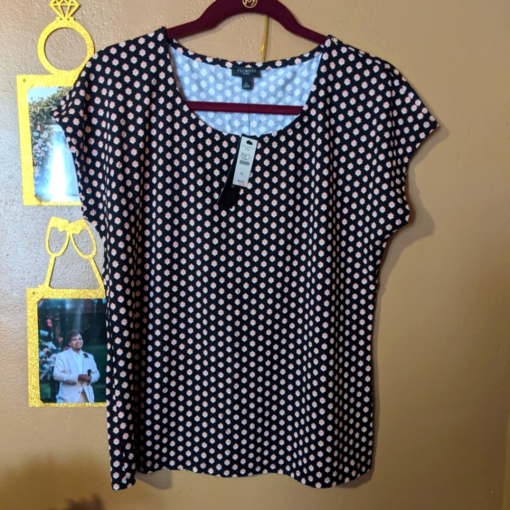 Black Coral and White print dressy short sleeve top women's Large Talbot